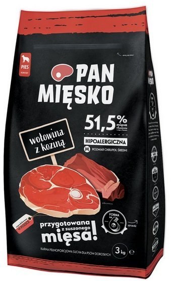 Pan Mięsko Karma sucha dla psa - wołowina i kozina chrupki M 3kg