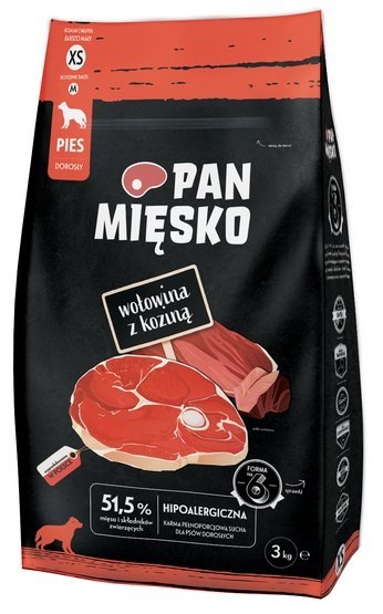 Pan Mięsko Karma sucha dla psa - wołowina i kozina chrupki XS 3kg